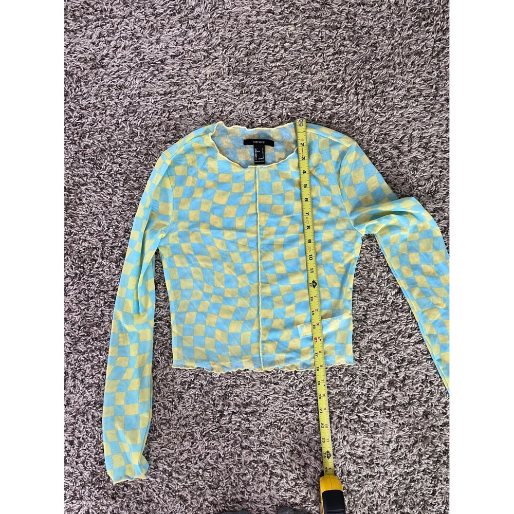 Forever 21 Women Yellow Blue Warped Checkerboard Mesh Long Sleeve Top Small - Picture 3 of 6